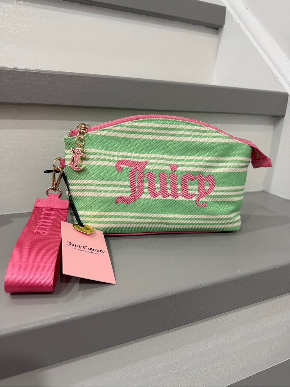 Juicy Couture Green, White & Pink Striped Cosmetic Pouch
